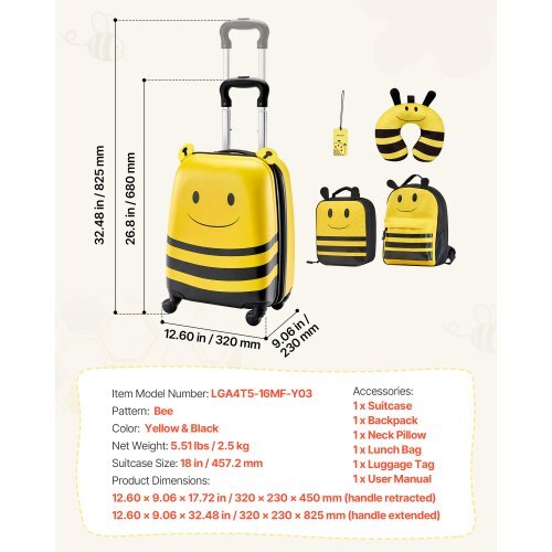 Bee kids yellow and black luggage set accessories with size diagram on white background