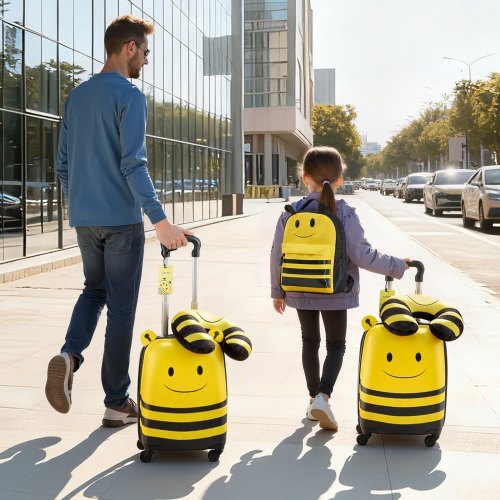 Kids bee rolling suitcase with matching backpack being pulled by a child