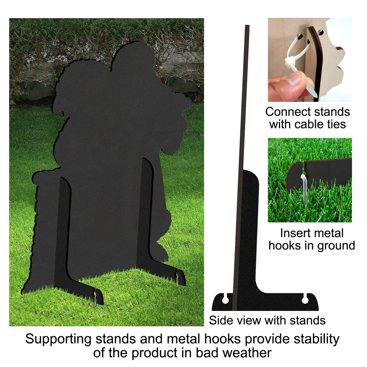 Metal hook stand yard art base; supporting stands for stability in bad weather