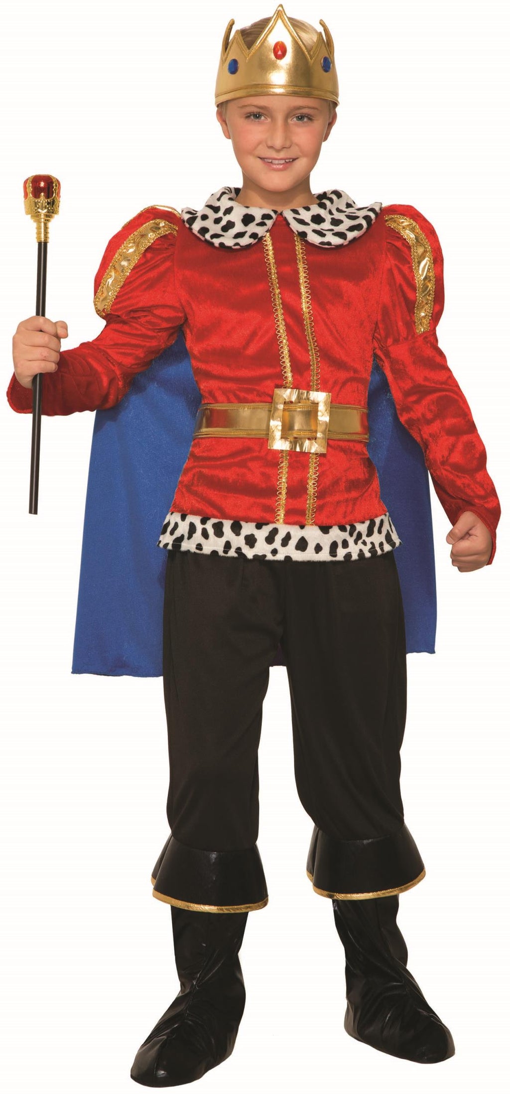 Kids king Halloween costume set: red tunic, blue cape, gold crown, black pants.