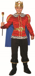 Kids king Halloween costume set: red tunic, blue cape, gold crown, black pants.