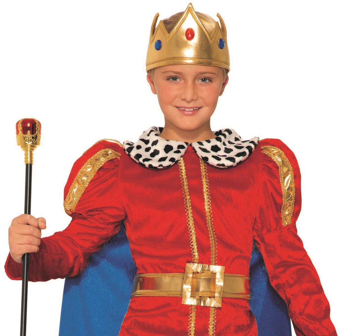 Kids king Halloween costume with gold crown, red tunic, leopard collar, holding scepter.