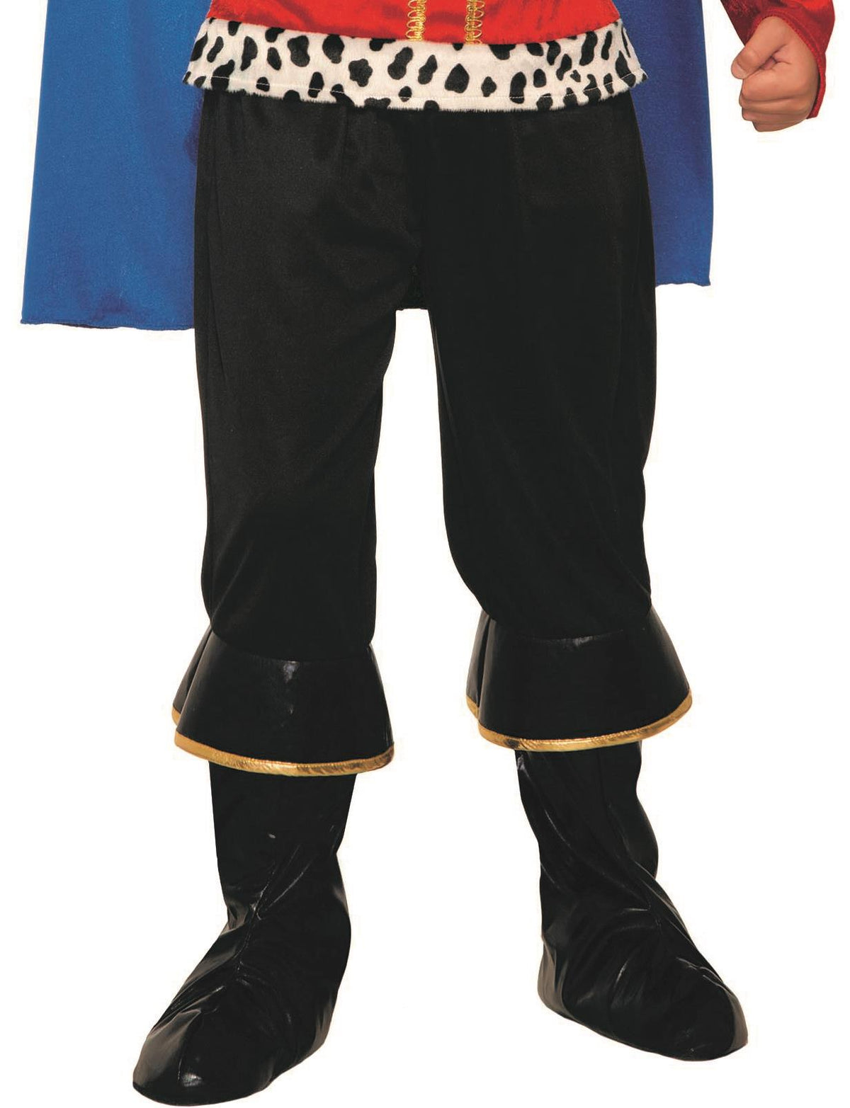 Kids king Halloween costume pants with gold-trim cuffs and black boot covers.