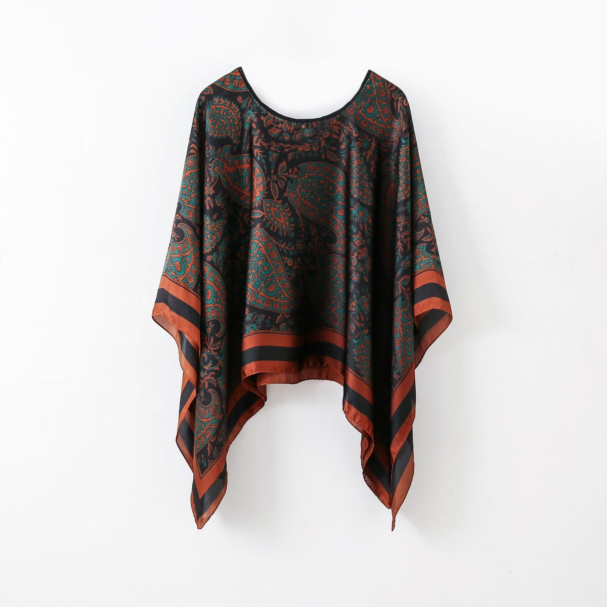 Dark blue printed pullover shawl cover-up with rust border and draped short sleeves
