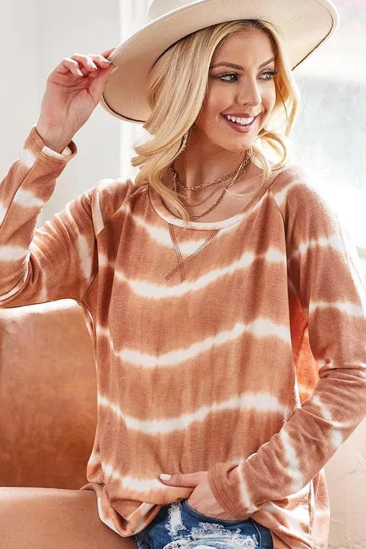 BiBi tie-dye French terry t-shirt in rust, crew neck, long sleeves