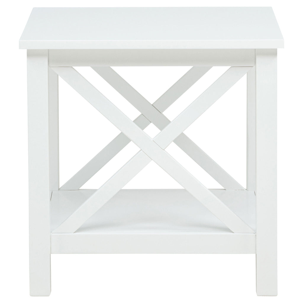 White square end table with open lower shelf and X-shaped cross supports