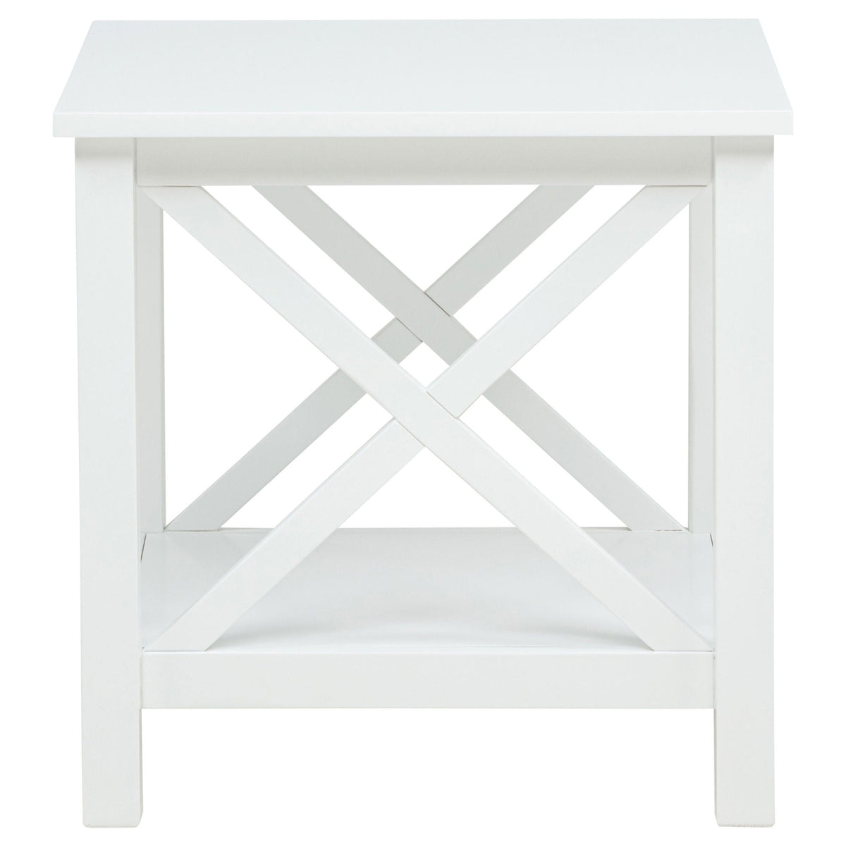 White square end table with open lower shelf and X-shaped cross supports