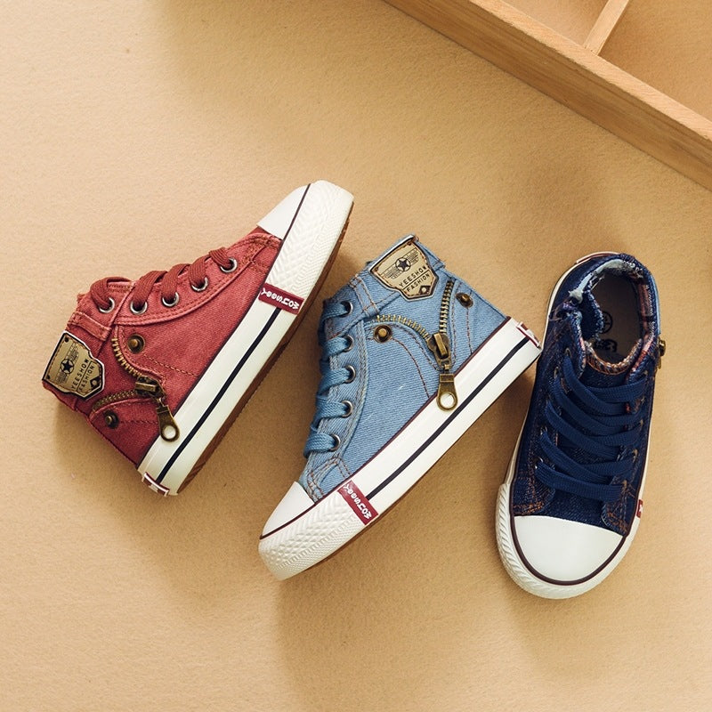 Children's high-top canvas sneakers in red, light blue, and navy blue with laces