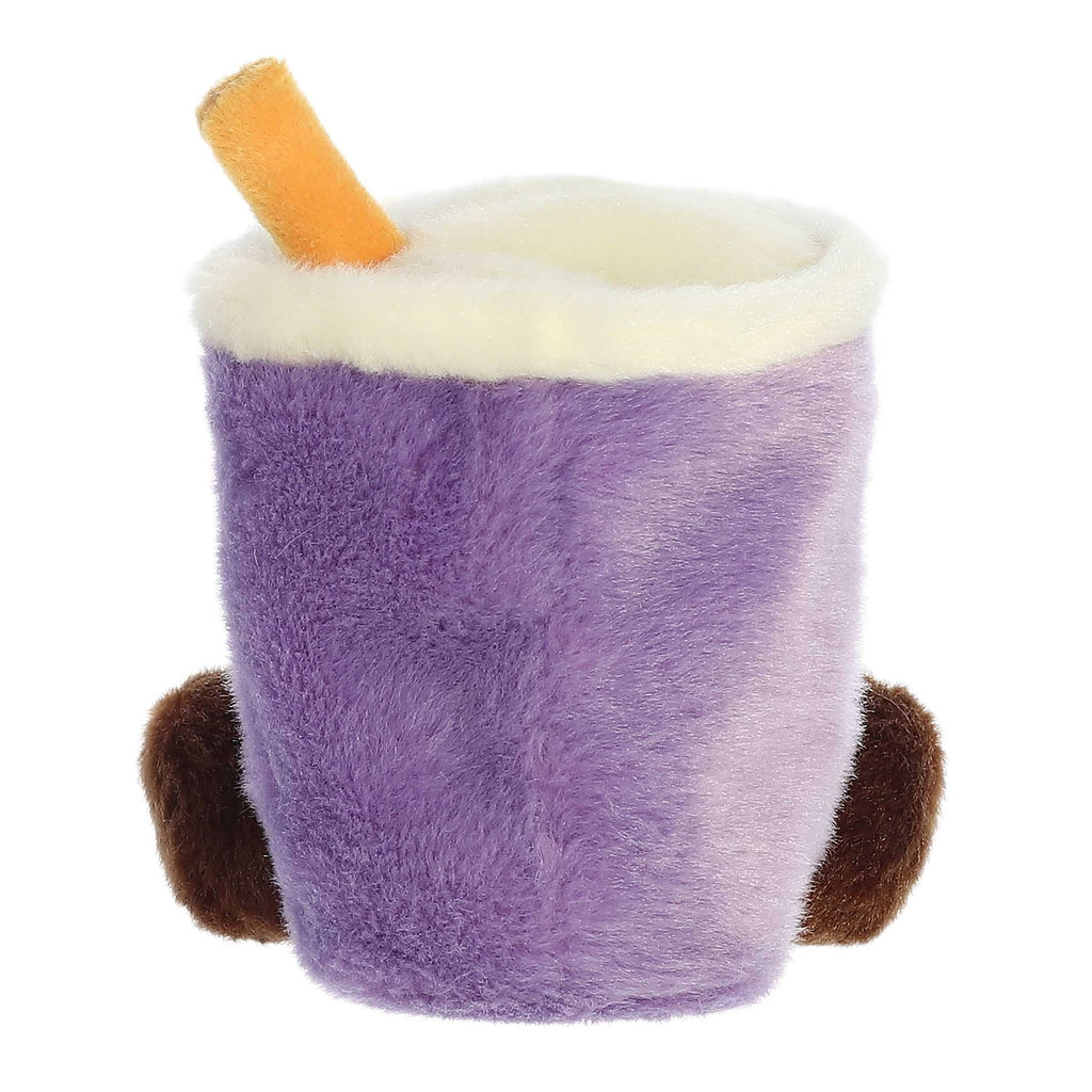 Purple plush boba cup toy with cream lid, orange straw, and two brown arms