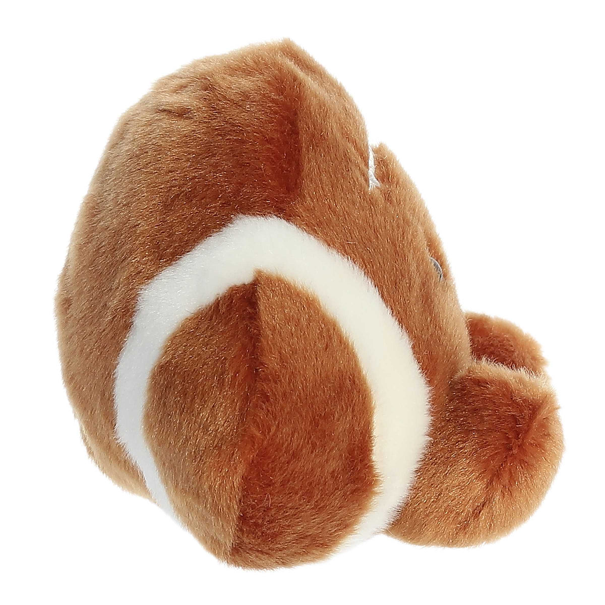 Plush palm pal football back view with white stripe and curled arms