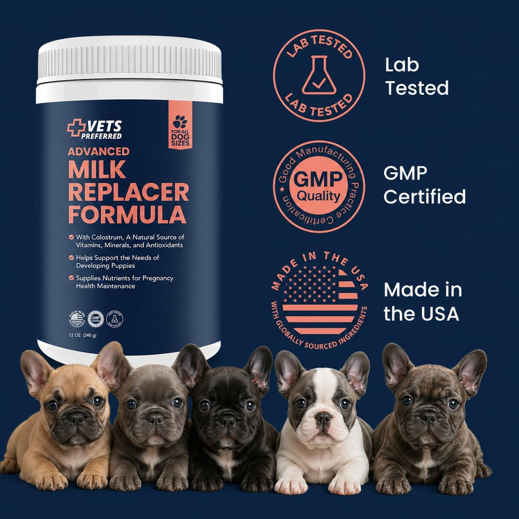 Vets Preferred milk replacer formula tub above a row of puppies