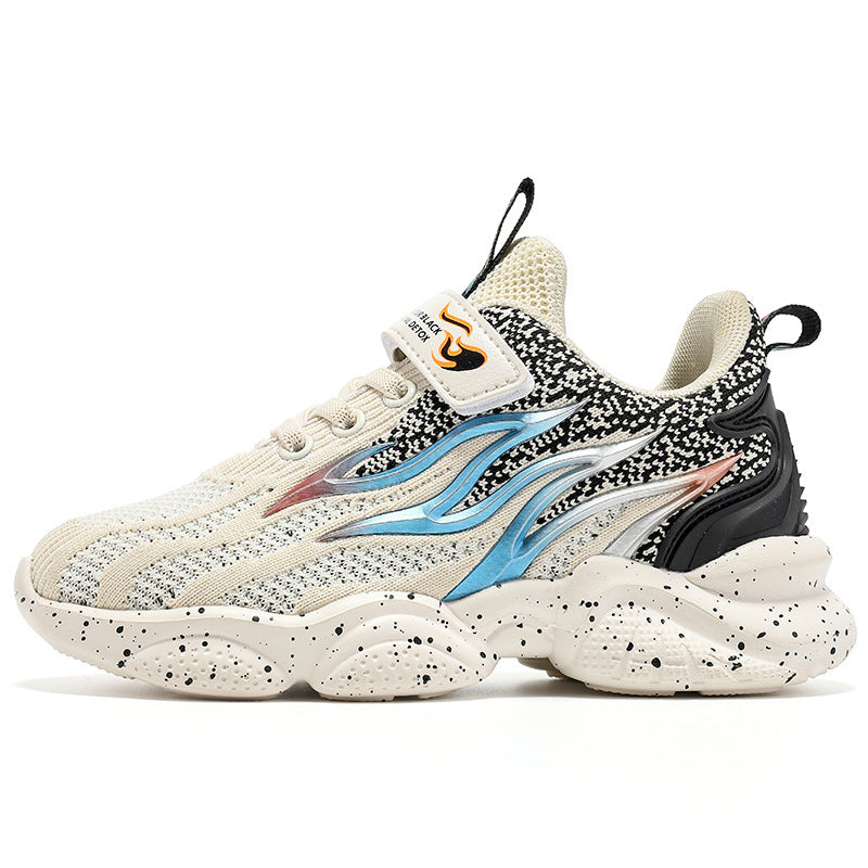 Beige mesh boys sneakers with blue side stripe and black/red accents