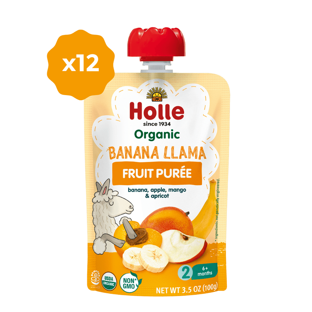Holle Organic Banana Llama fruit purée pouch, banana, apple, mango and apricot, x12