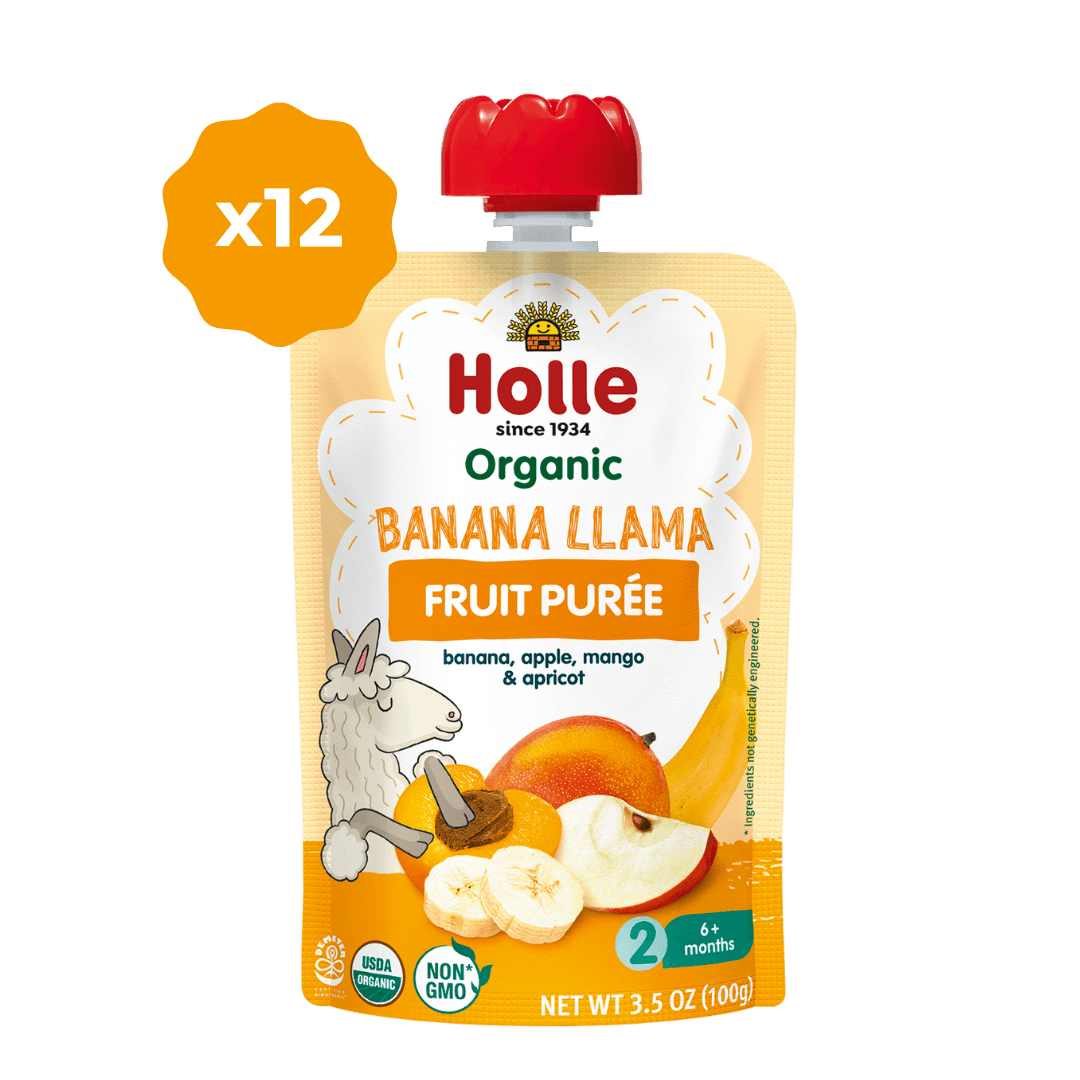 Holle Organic Banana Llama fruit purée pouch, banana, apple, mango and apricot, x12