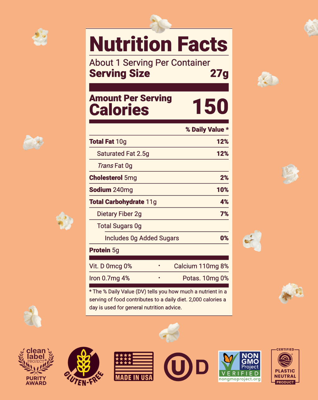 Nutrition Facts panel for Gob popcorn serving size 27g, 150 calories