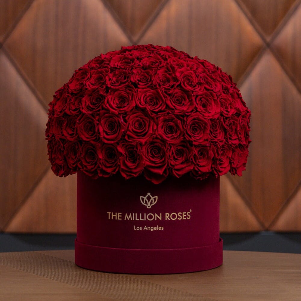 Dark-red rose bouquet in burgundy box on floor with THE MILLION ROSES lettering visible