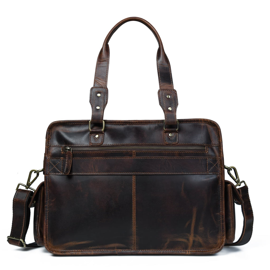 Dark brown leather briefcase with zipper top, front straps, and shoulder strap.