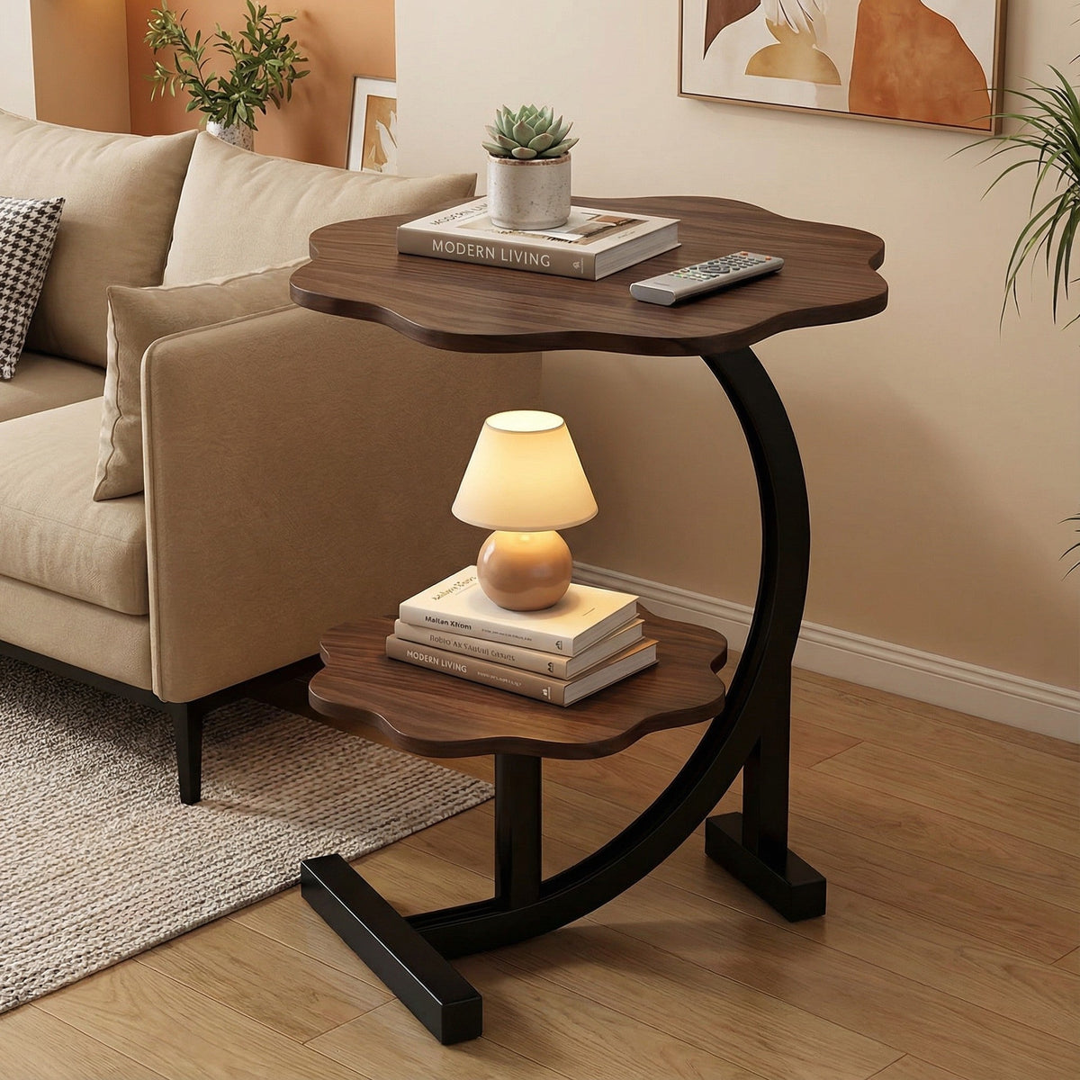 Walnut round side table with two-tier shelves and curved black metal base.