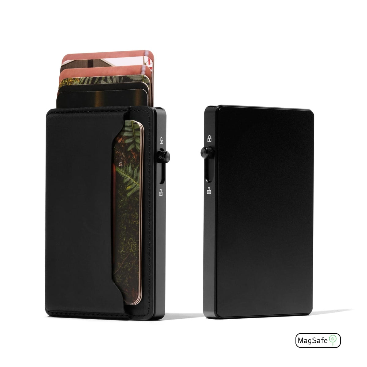 Mod wallet with black leather front and black metal back plate, side view