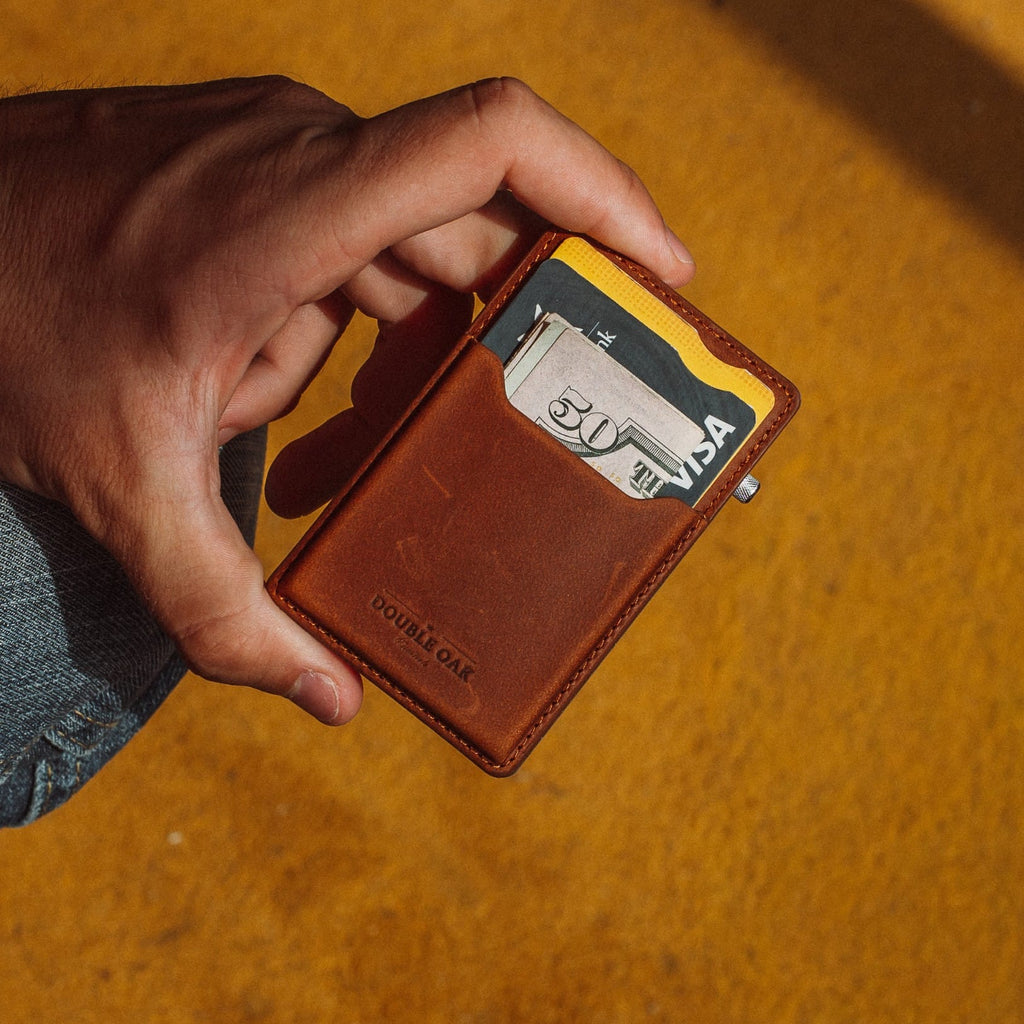 Brown leather mod wallet with yellow trim and card window on front