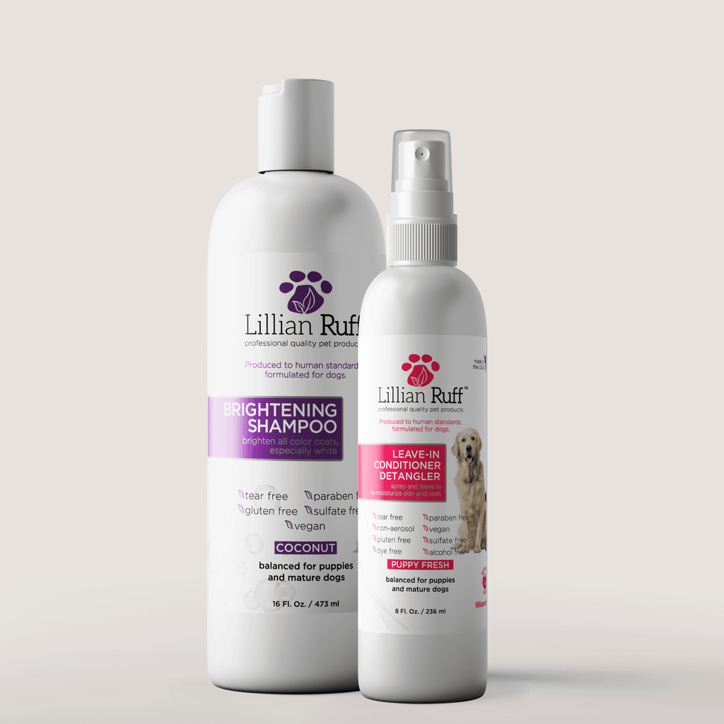 Pet grooming brightening shampoo and leave-in detangler set, two white bottles