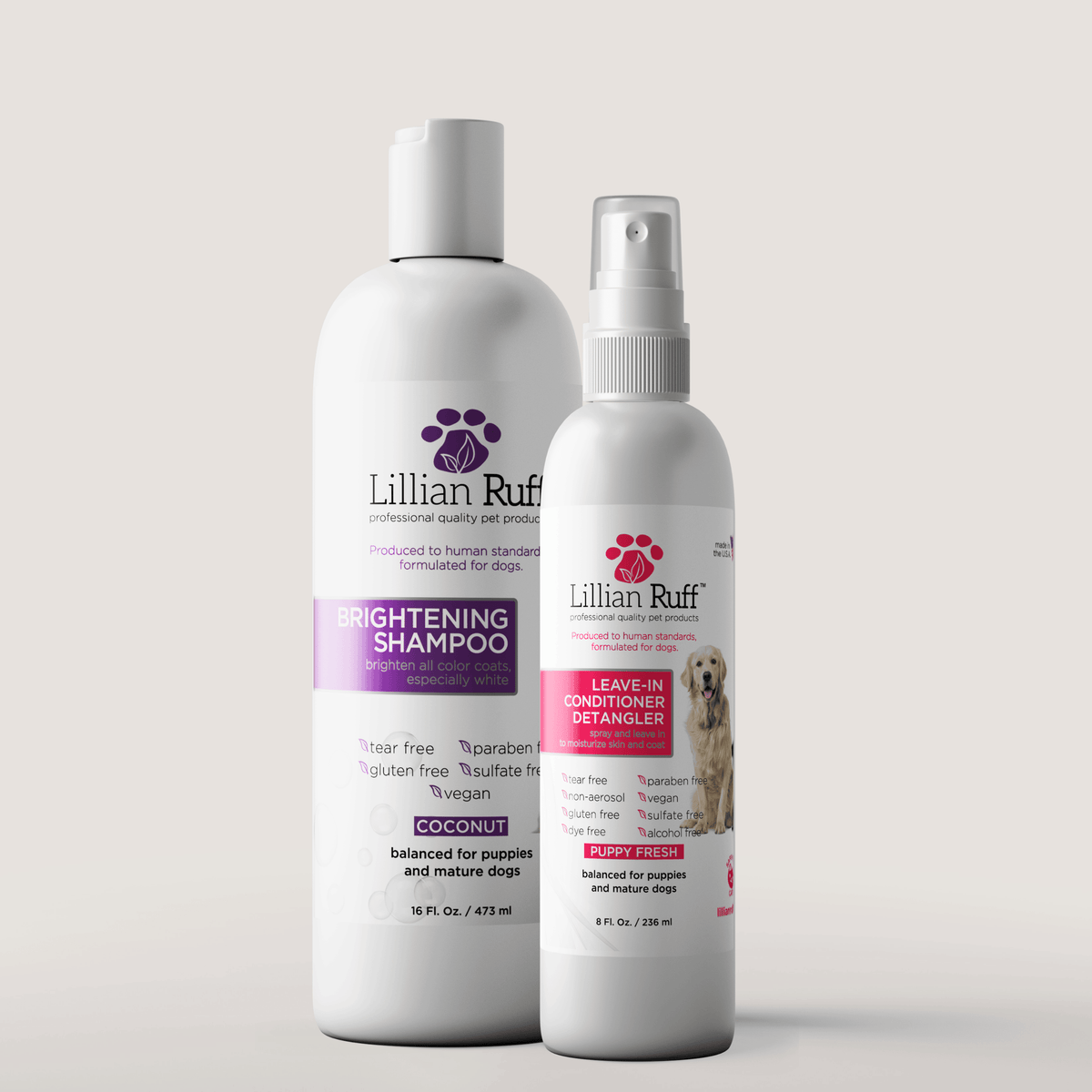 Pet grooming brightening shampoo and leave-in detangler set, two white bottles