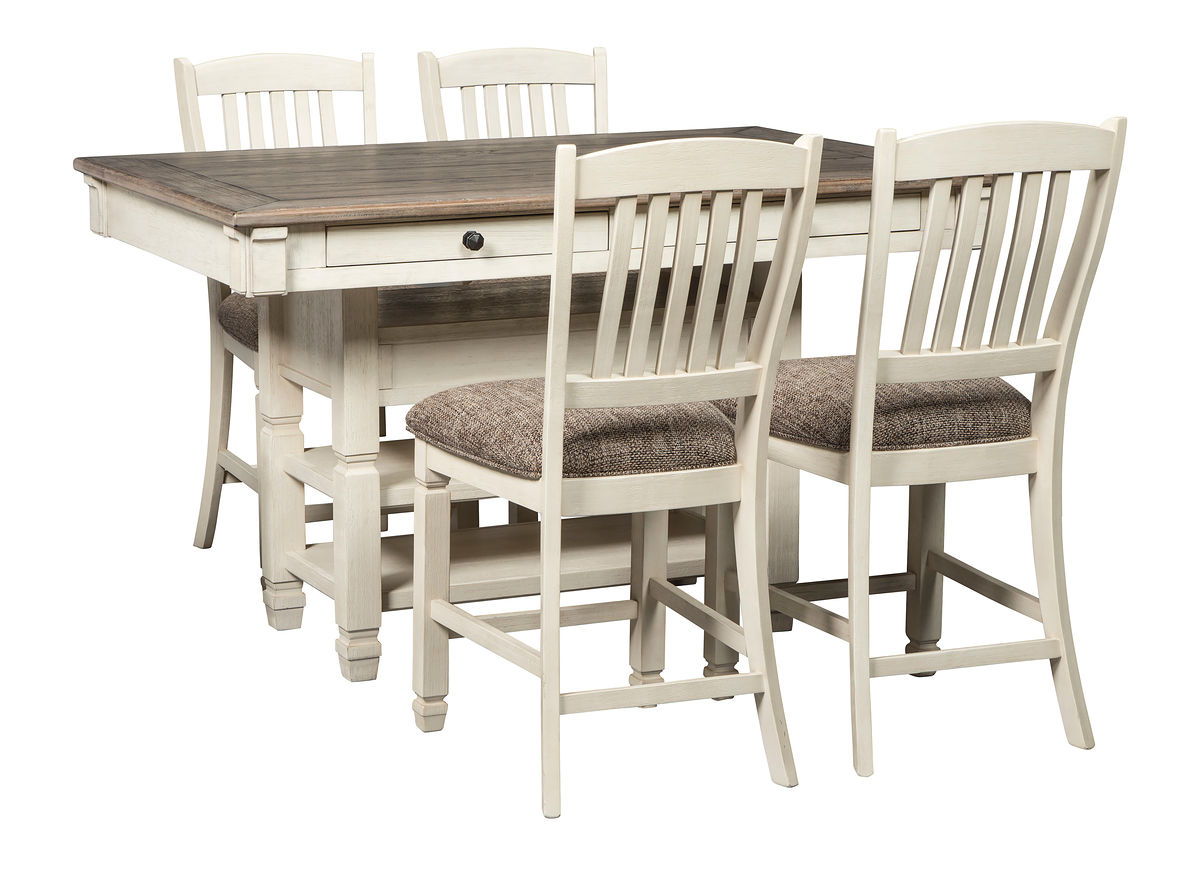 Rectangular counter table set with beige table top, four cream chairs, gray upholstered seats.