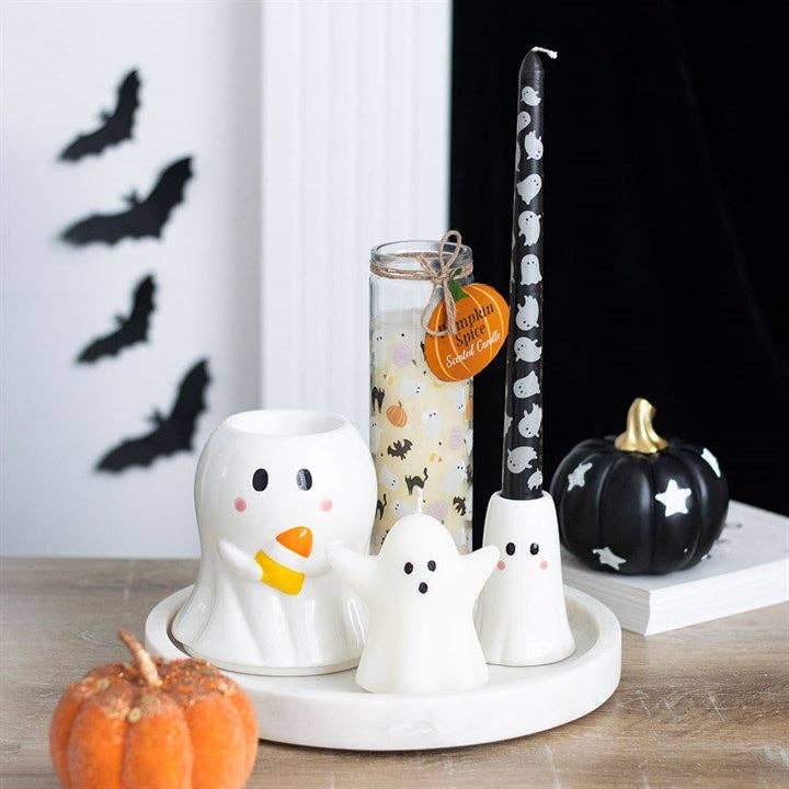 White ghost oil burner wax warmer on base with small matching ghost holders