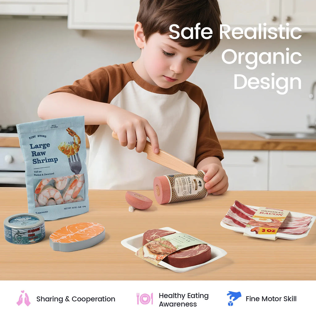 Child playing with organic meat and seafood toy pack, with shrimp and bacon pieces