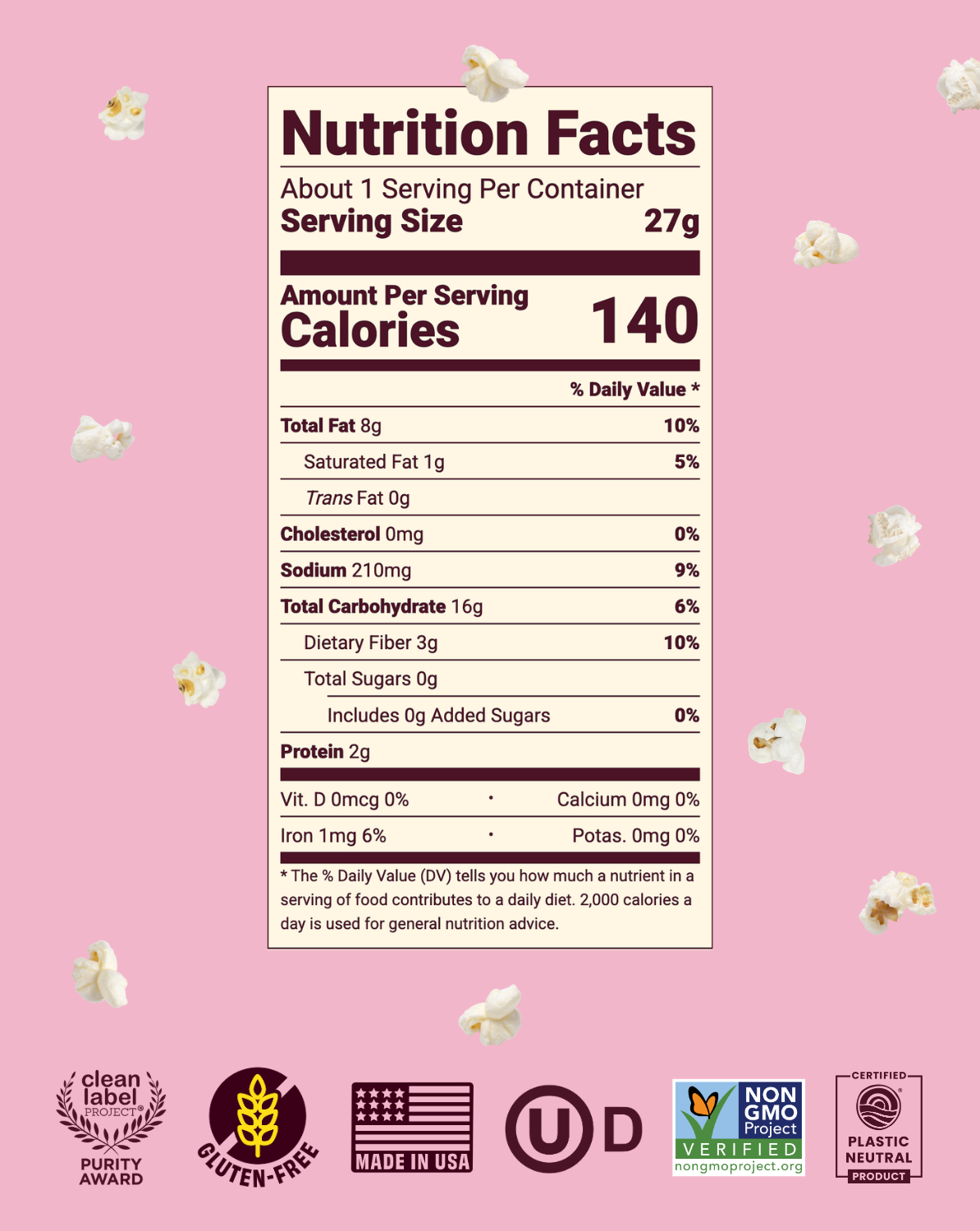 Cob popcorn Nutrition Facts panel with calories and ingredient totals.