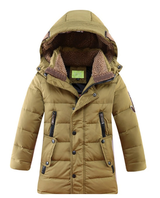 Children's winter puffer jacket, khaki, hooded with sherpa lining and snap front