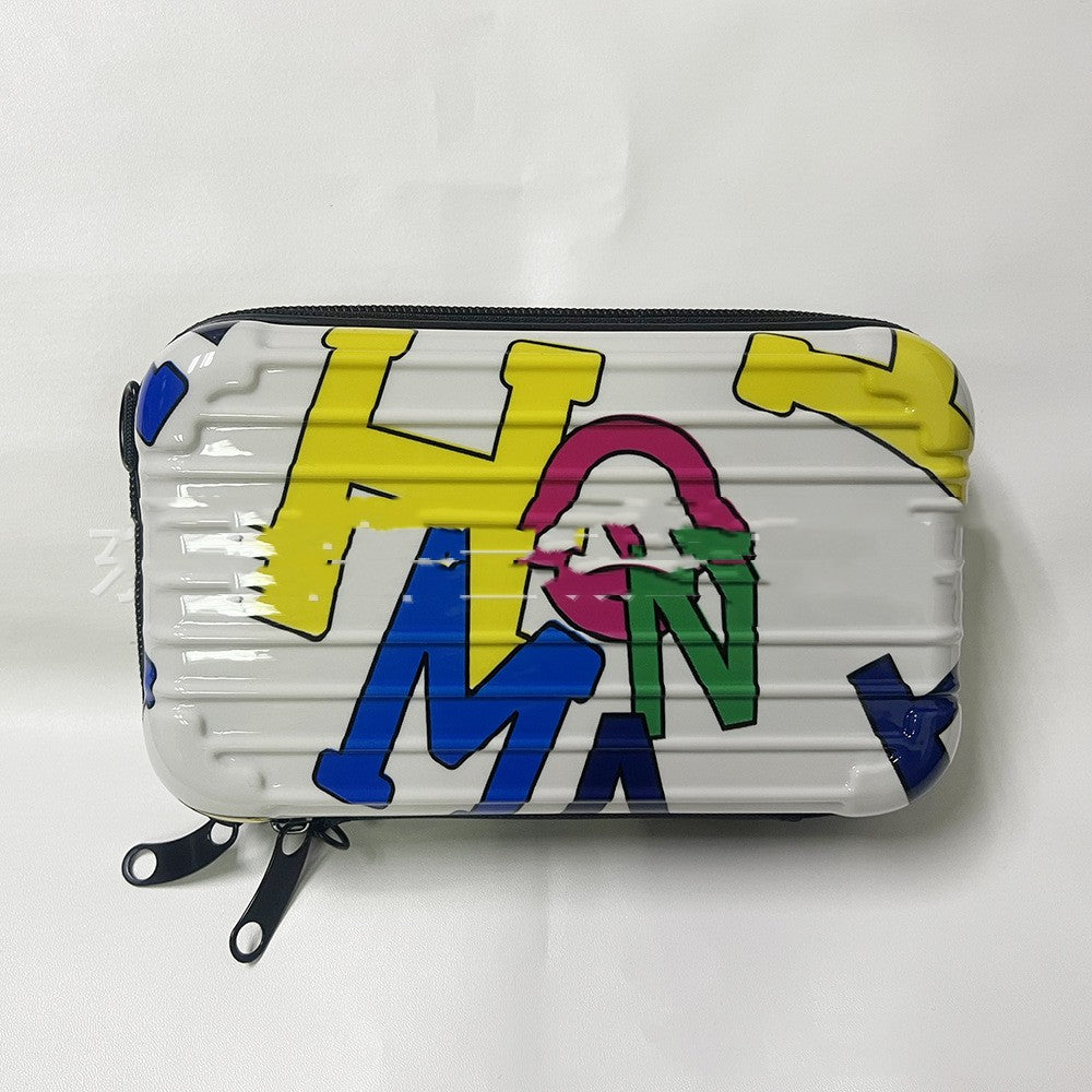 Zippered cosmetic bag with colorful abstract graphic and black trim, two metal pull tabs