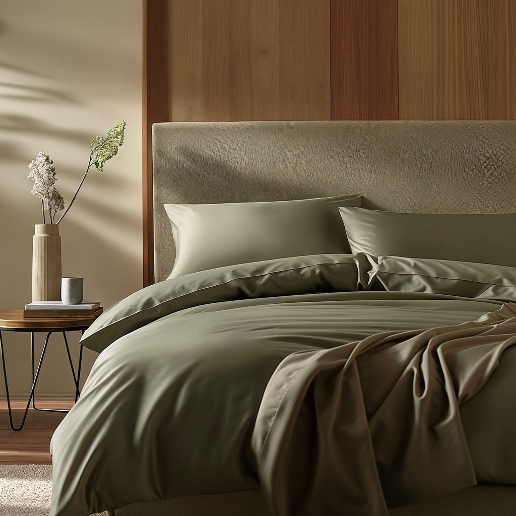 Moss green sateen duvet and pillow shams with coordinated bedding bundle on a bed