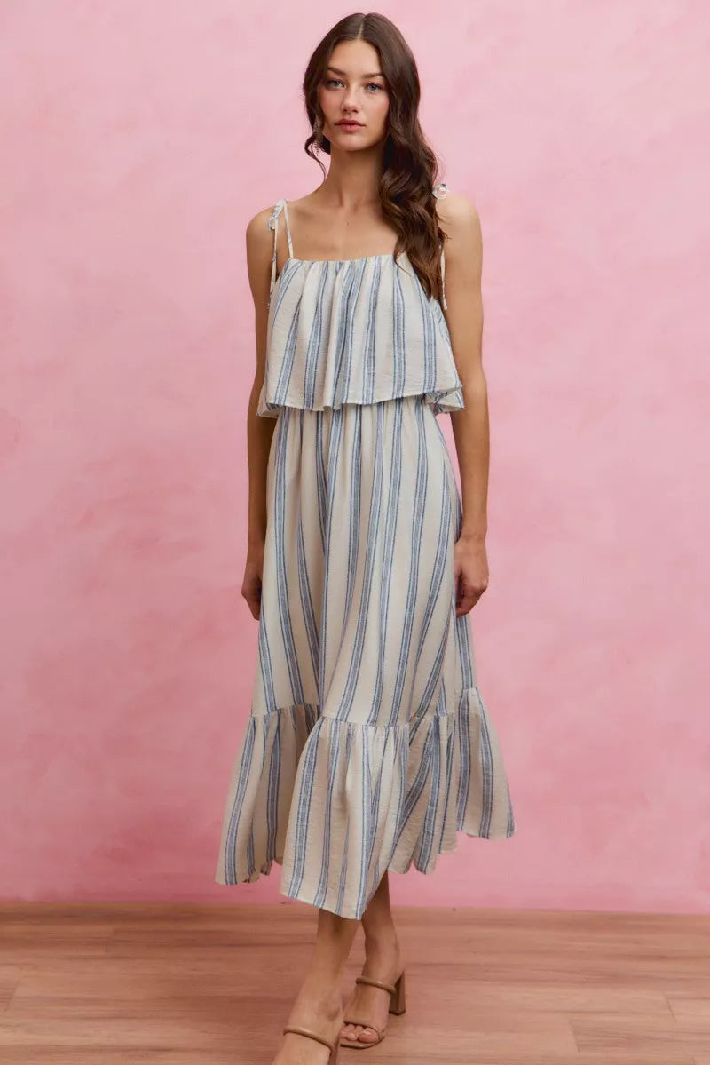 Blue and white vertical stripe midi dress with tiered ruffle shoulders and fitted waist