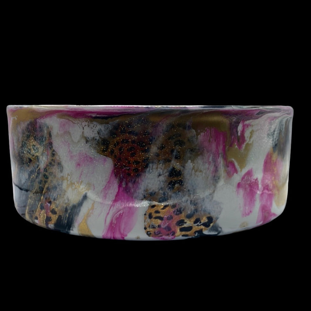 Pink and black hand-painted stainless steel dog bowl with cheetah motif