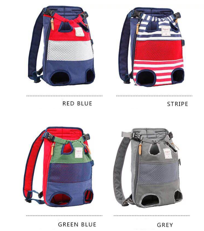 Cat dog carrier backpack color options: red blue, striped, green blue, and grey styles