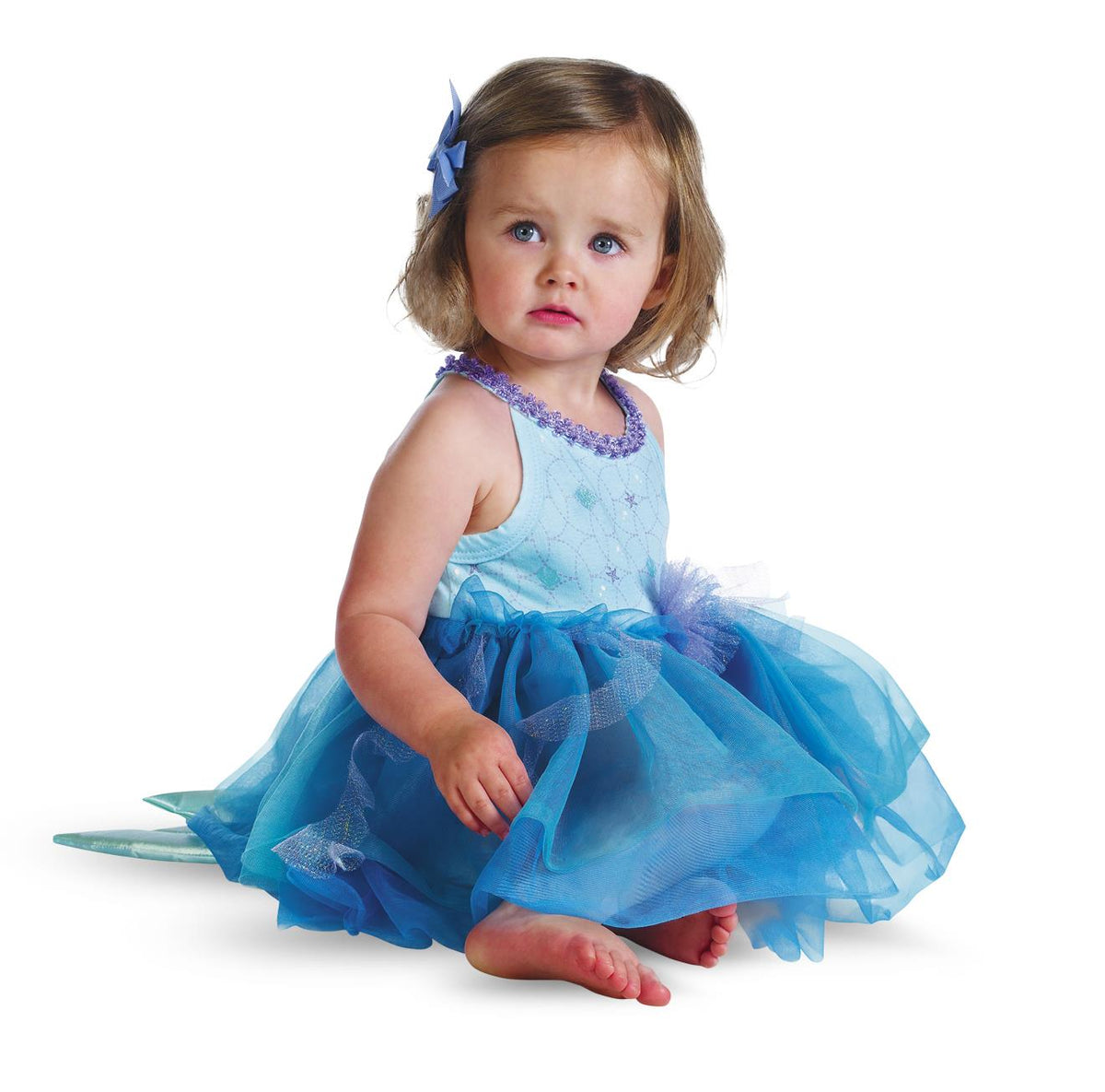 Turquoise ruffled baby dress with sparkly purple bodice and blue bow headband