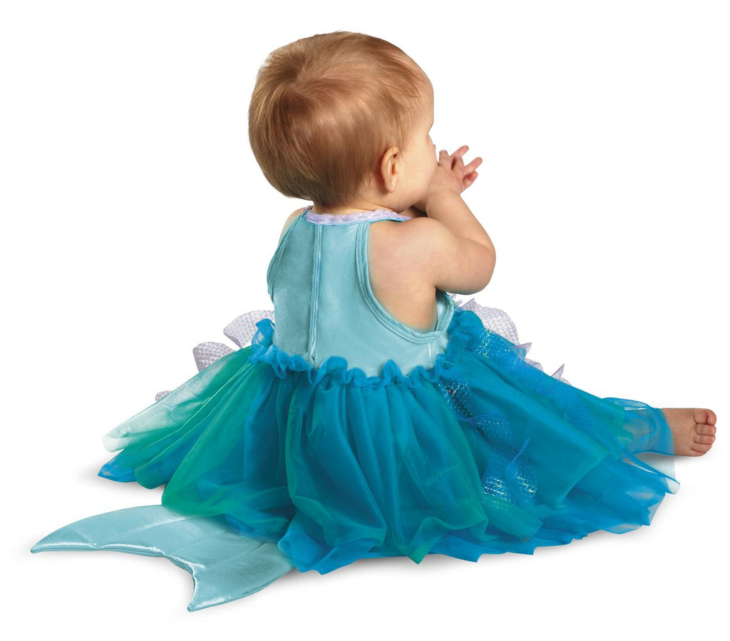 Teal sleeveless tulle dress with ruffled skirt, shown from the back