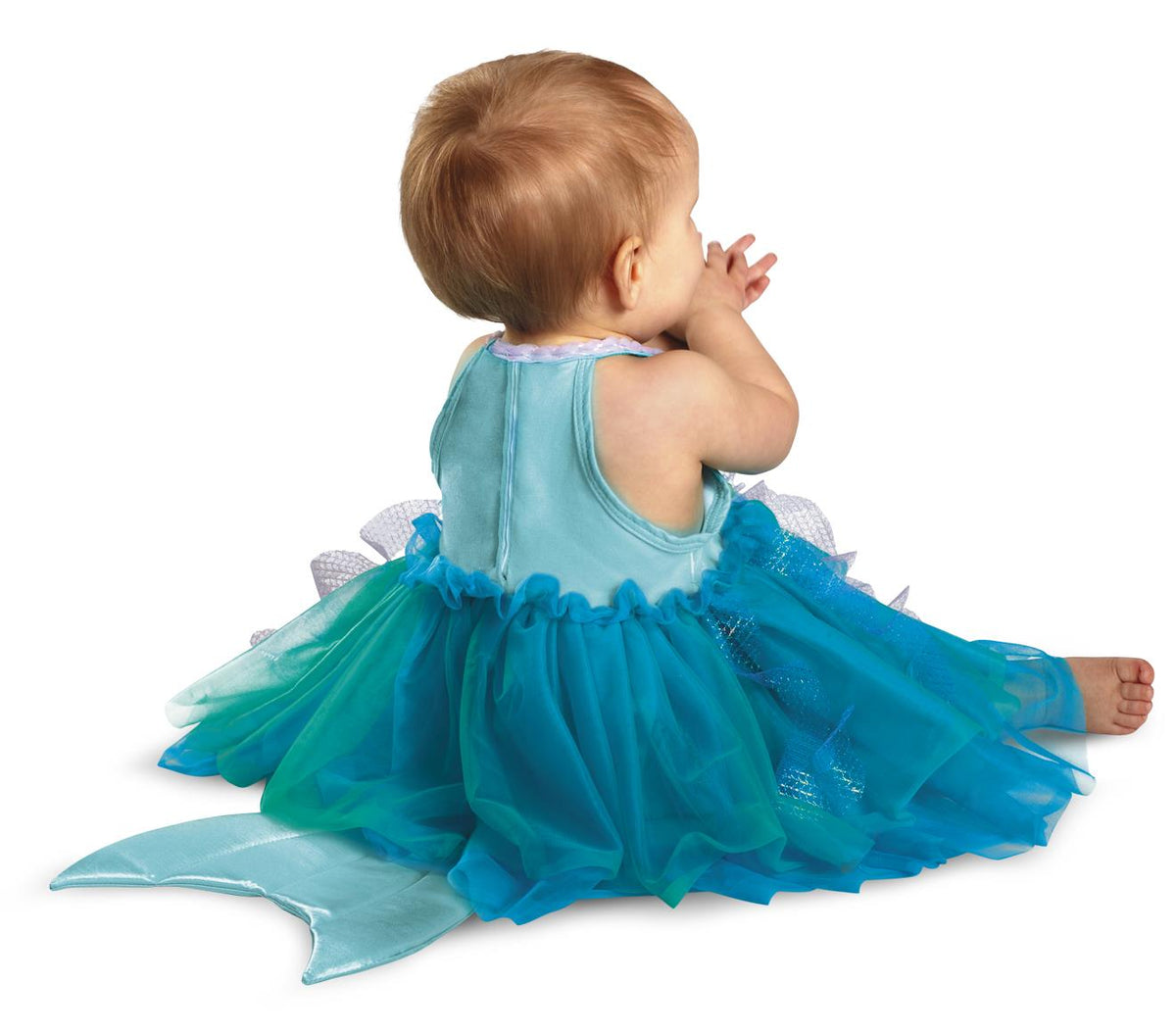 Teal sleeveless tulle dress with ruffled skirt, shown from the back