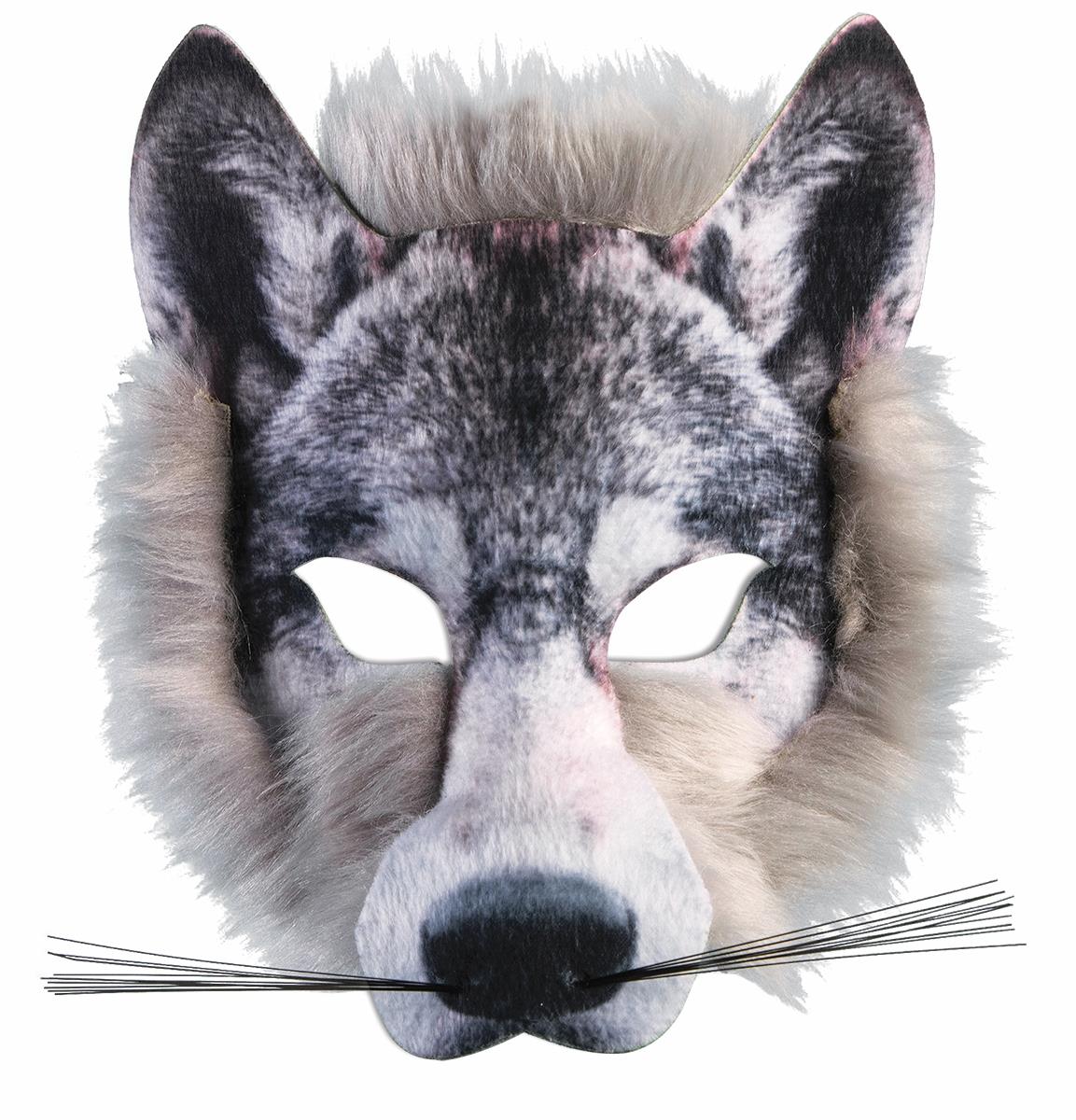 Wolf face mask with 3D realistic fur print, pointed ears, and faux nose