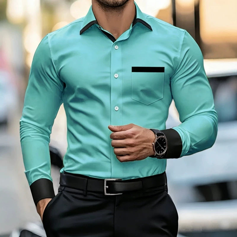 Men's teal contrast-color dress shirt, black collar and sleeve cuff trim, button-up