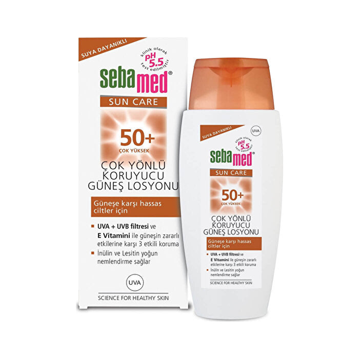 Sebamed SPF 50+ sun care lotion, box and bottle set