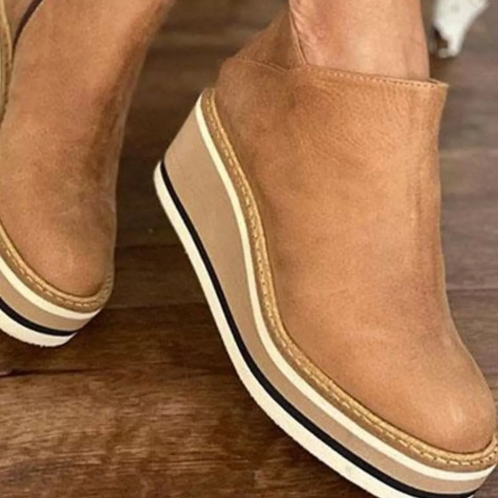 Tan ankle wedge boots with side zipper and striped platform trim