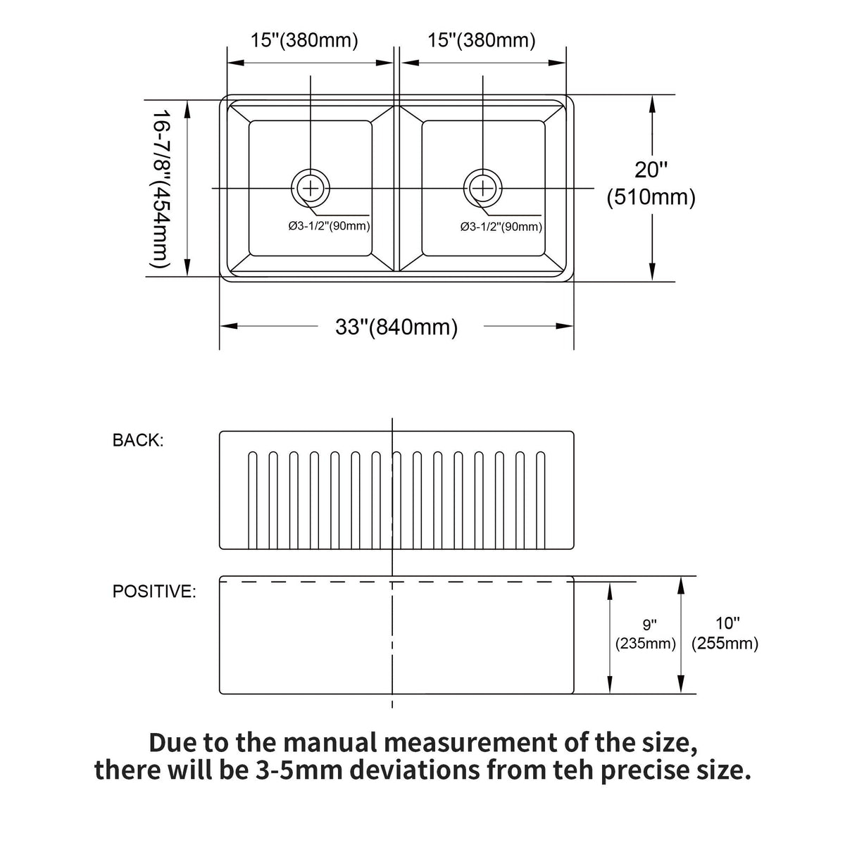 White double-bowl farmhouse sink layout with measurements and raised rack ledge