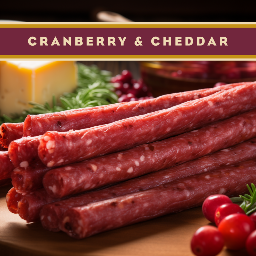 Wisconsin cranberry & cheddar beef sticks, red cured sausage links, close-up