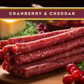 Wisconsin cranberry & cheddar beef sticks, red cured sausage links, close-up
