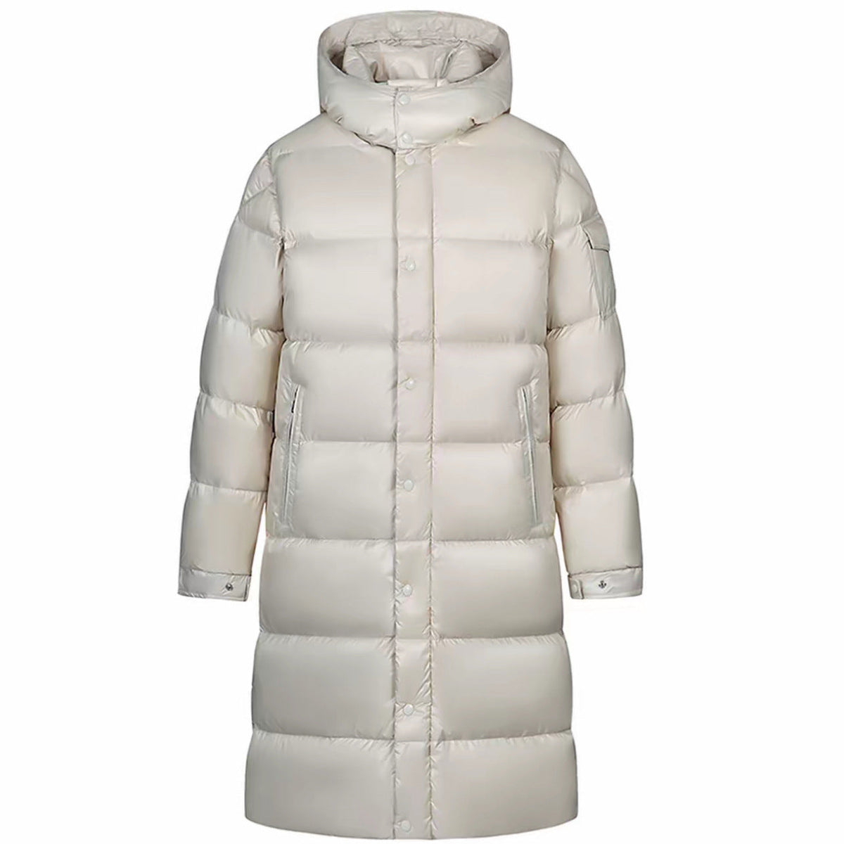 Light gray long padded hooded coat with front zipper and quilted front panels