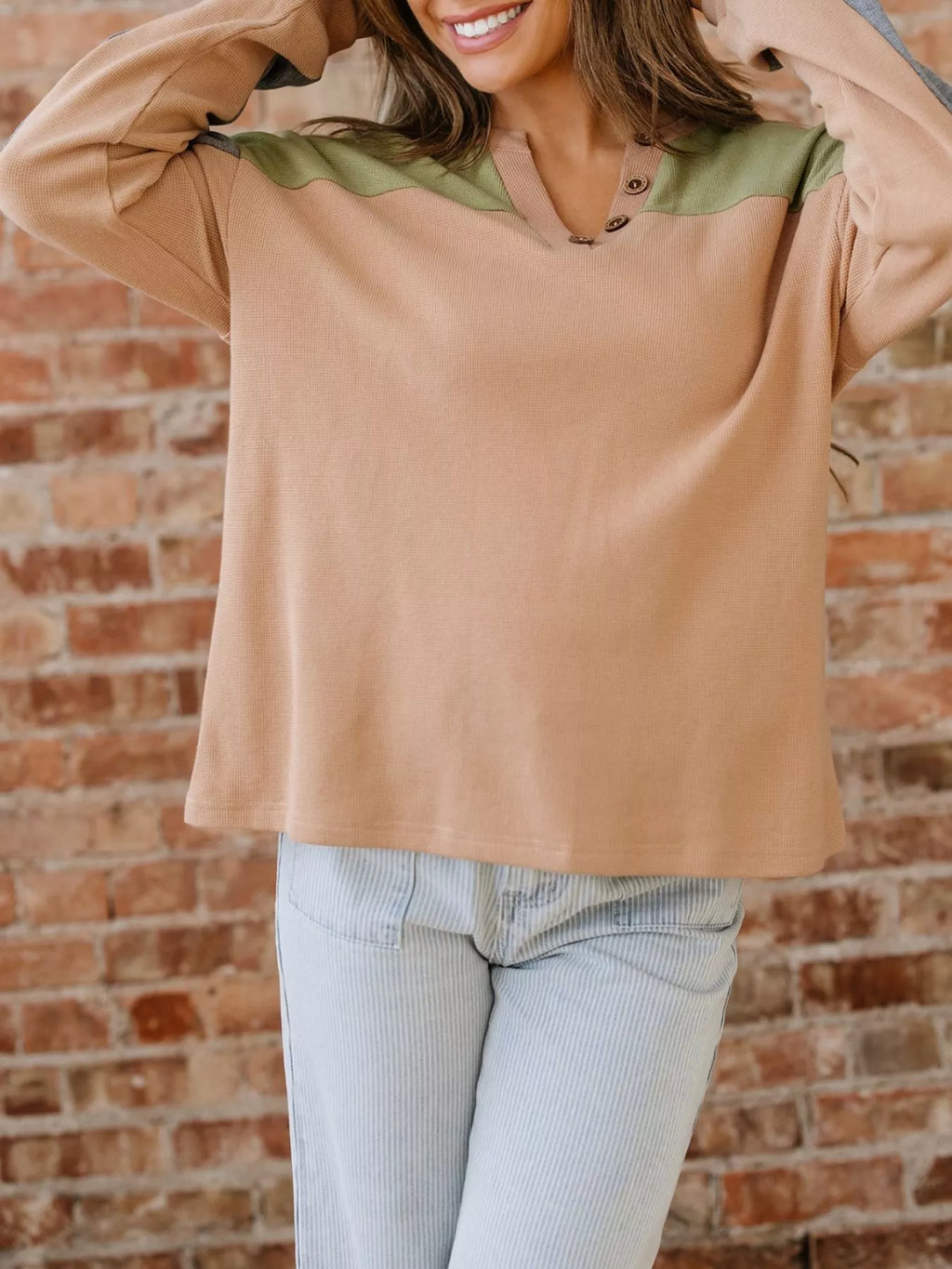 Camel color block thermal henley top with green yoke and gray long sleeves