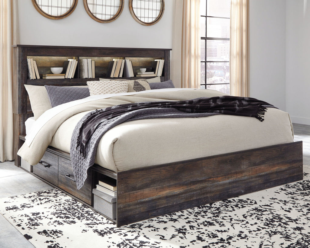 Bookcase bed frame in gray-brown wood with white mattress and dark plaid blanket