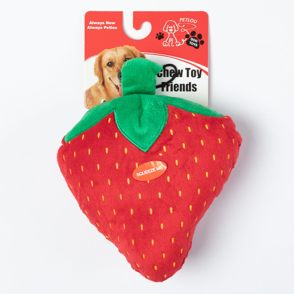 Plush strawberry dog toy with green leafy top and yellow seed dots.
